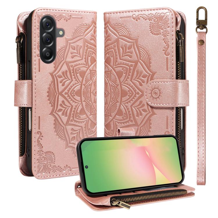 Custodia per telefono in ecopelle vegana con cerniera, protezione RFID e cordino corto, con motivo mandala in rilievo, 9 scomparti per carte e scomparto RFID., For Samsung Galaxy M56 5G / A56 5G, For Samsung Galaxy M35 5G, For Samsung Galaxy M55 5G    ...