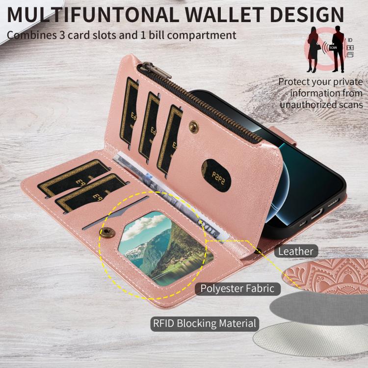 Custodia per telefono in ecopelle vegana con cerniera, protezione RFID e cordino corto, con motivo mandala in rilievo, 9 scomparti per carte e scomparto RFID., For Samsung Galaxy M56 5G / A56 5G, For Samsung Galaxy M35 5G, For Samsung Galaxy M55 5G    ...