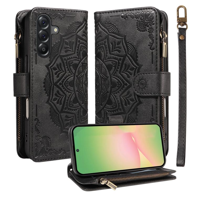Custodia per telefono in ecopelle vegana con cerniera, protezione RFID e cordino corto, con motivo mandala in rilievo, 9 scomparti per carte e scomparto RFID., For Samsung Galaxy M56 5G / A56 5G, For Samsung Galaxy M35 5G, For Samsung Galaxy M55 5G    ...