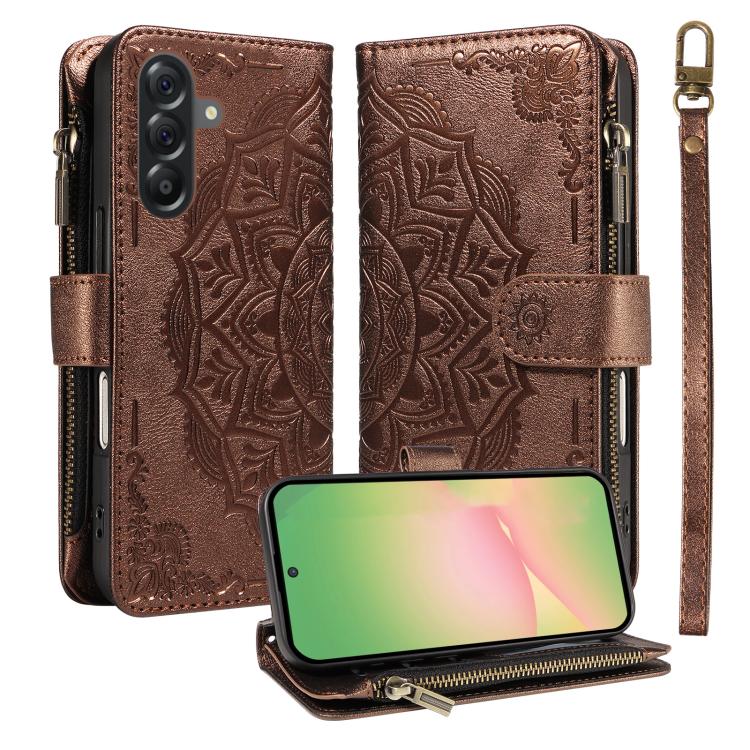 Custodia per telefono in ecopelle vegana con cerniera, protezione RFID e cordino corto, con motivo mandala in rilievo, 9 scomparti per carte e scomparto RFID., For Samsung Galaxy M56 5G / A56 5G, For Samsung Galaxy M35 5G, For Samsung Galaxy M55 5G    ...