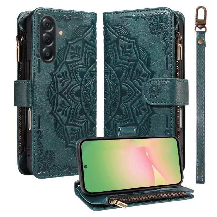 Custodia per telefono in ecopelle vegana con cerniera, protezione RFID e cordino corto, con motivo mandala in rilievo, 9 scomparti per carte e scomparto RFID., For Samsung Galaxy M56 5G / A56 5G, For Samsung Galaxy M35 5G, For Samsung Galaxy M55 5G    ...