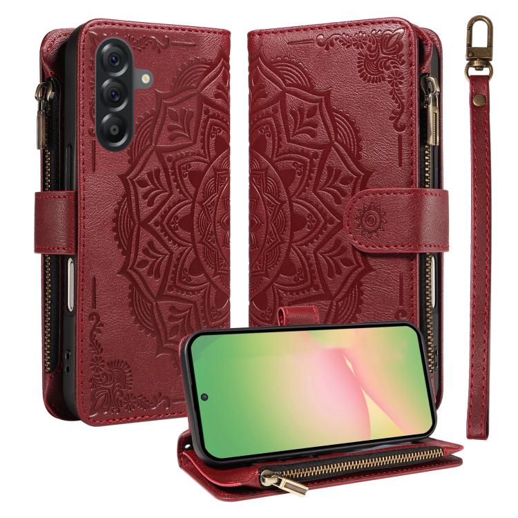 Custodia per telefono in ecopelle vegana con cerniera, protezione RFID e cordino corto, con motivo mandala in rilievo, 9 scomparti per carte e scomparto RFID., For Samsung Galaxy M56 5G / A56 5G, For Samsung Galaxy M35 5G, For Samsung Galaxy M55 5G    ...