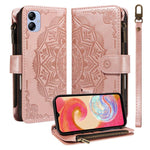 Custodia per telefono in ecopelle vegana con cerniera, protezione RFID e cordino corto, con motivo mandala in rilievo, 9 scomparti per carte e scomparto RFID., For Samsung Galaxy A04e, For Samsung Galaxy A14 5G, For Samsung Galaxy A13 4G / 5G          ...