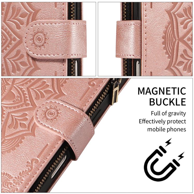 Custodia per telefono in ecopelle vegana con cerniera, protezione RFID e cordino corto, con motivo mandala in rilievo, 9 scomparti per carte e scomparto RFID., For Samsung Galaxy A04e, For Samsung Galaxy A14 5G, For Samsung Galaxy A13 4G / 5G          ...