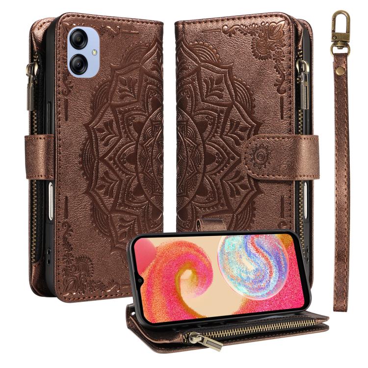 Custodia per telefono in ecopelle vegana con cerniera, protezione RFID e cordino corto, con motivo mandala in rilievo, 9 scomparti per carte e scomparto RFID., For Samsung Galaxy A04e, For Samsung Galaxy A14 5G, For Samsung Galaxy A13 4G / 5G          ...