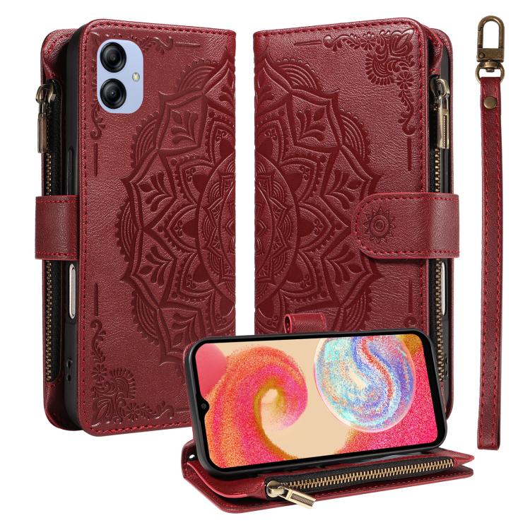 Custodia per telefono in ecopelle vegana con cerniera, protezione RFID e cordino corto, con motivo mandala in rilievo, 9 scomparti per carte e scomparto RFID., For Samsung Galaxy A04e, For Samsung Galaxy A14 5G, For Samsung Galaxy A13 4G / 5G          ...
