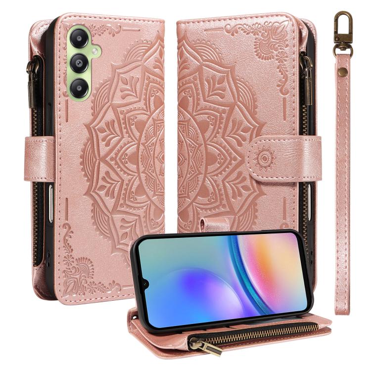 Custodia per telefono in ecopelle vegana con cerniera, protezione RFID e cordino corto, con motivo mandala in rilievo, 9 scomparti per carte e scomparto RFID., For Samsung Galaxy A35 5G, For Samsung Galaxy A05, For Samsung Galaxy A05s                  ...