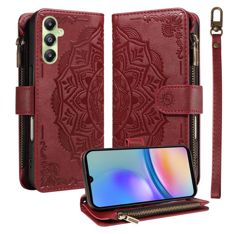 Custodia per telefono in ecopelle vegana con cerniera, protezione RFID e cordino corto, con motivo mandala in rilievo, 9 scomparti per carte e scomparto RFID., For Samsung Galaxy A35 5G, For Samsung Galaxy A05, For Samsung Galaxy A05s                  ...