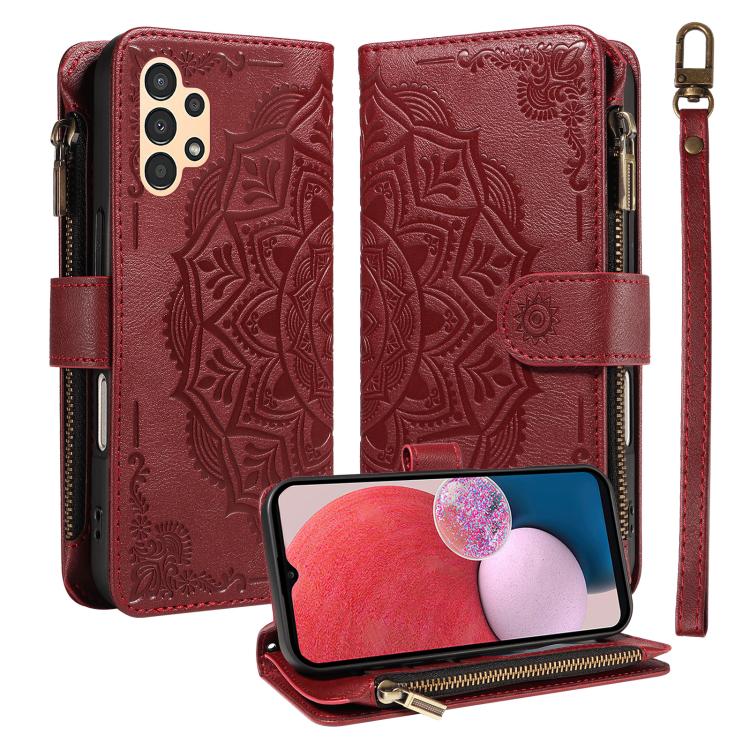 Custodia per telefono in ecopelle vegana con cerniera, protezione RFID e cordino corto, con motivo mandala in rilievo, 9 scomparti per carte e scomparto RFID., For Samsung Galaxy A04e, For Samsung Galaxy A14 5G, For Samsung Galaxy A13 4G / 5G          ...