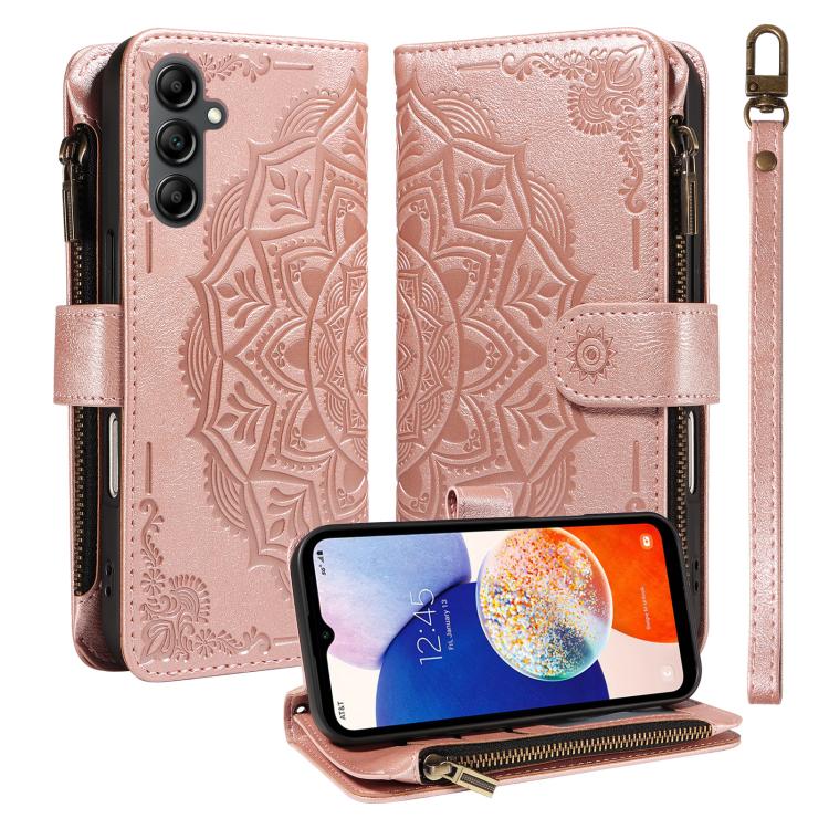 Custodia per telefono in ecopelle vegana con cerniera, protezione RFID e cordino corto, con motivo mandala in rilievo, 9 scomparti per carte e scomparto RFID., For Samsung Galaxy A04e, For Samsung Galaxy A14 5G, For Samsung Galaxy A13 4G / 5G          ...