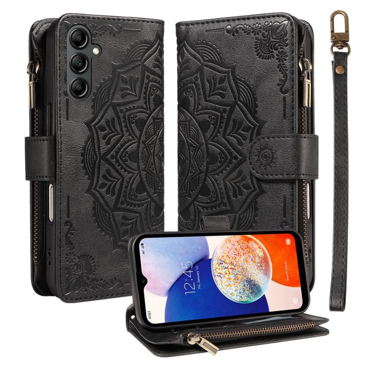 Custodia per telefono in ecopelle vegana con cerniera, protezione RFID e cordino corto, con motivo mandala in rilievo, 9 scomparti per carte e scomparto RFID., For Samsung Galaxy A04e, For Samsung Galaxy A14 5G, For Samsung Galaxy A13 4G / 5G          ...