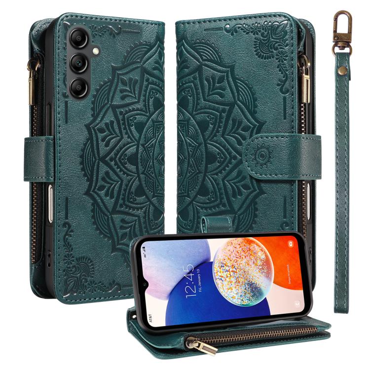Custodia per telefono in ecopelle vegana con cerniera, protezione RFID e cordino corto, con motivo mandala in rilievo, 9 scomparti per carte e scomparto RFID., For Samsung Galaxy A04e, For Samsung Galaxy A14 5G, For Samsung Galaxy A13 4G / 5G          ...