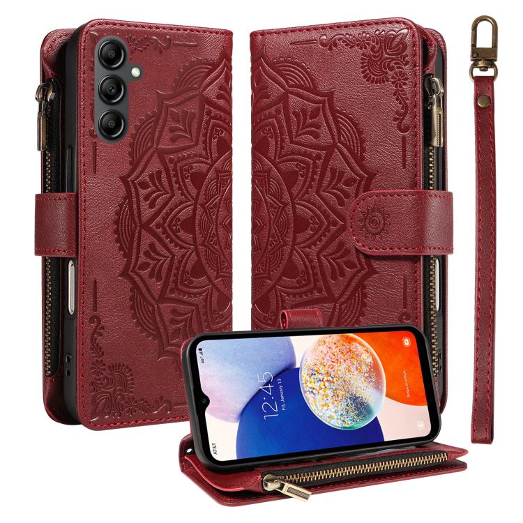 Custodia per telefono in ecopelle vegana con cerniera, protezione RFID e cordino corto, con motivo mandala in rilievo, 9 scomparti per carte e scomparto RFID., For Samsung Galaxy A04e, For Samsung Galaxy A14 5G, For Samsung Galaxy A13 4G / 5G          ...
