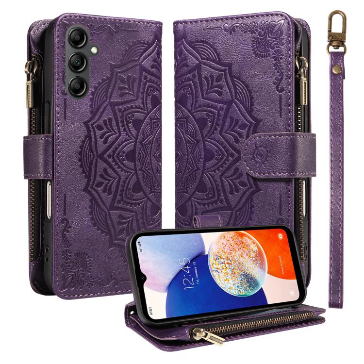 Custodia per telefono in ecopelle vegana con cerniera, protezione RFID e cordino corto, con motivo mandala in rilievo, 9 scomparti per carte e scomparto RFID., For Samsung Galaxy A04e, For Samsung Galaxy A14 5G, For Samsung Galaxy A13 4G / 5G          ...