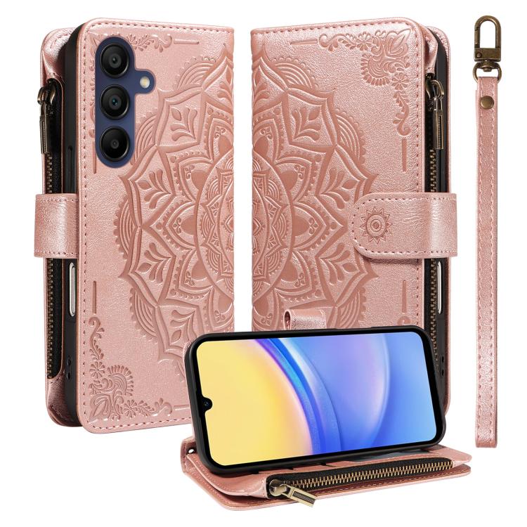 Custodia per telefono in ecopelle vegana con cerniera, protezione RFID e cordino corto, con motivo mandala in rilievo, 9 scomparti per carte e scomparto RFID., For Samsung Galaxy A26 5G / A16 4G, For Samsung Galaxy A36 5G, For Samsung Galaxy A15 5G    ...