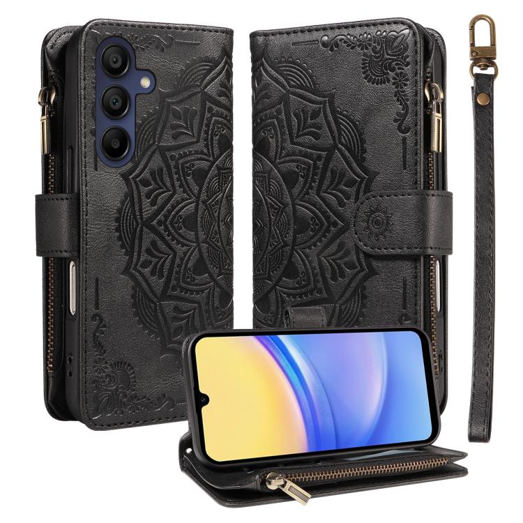 Custodia per telefono in ecopelle vegana con cerniera, protezione RFID e cordino corto, con motivo mandala in rilievo, 9 scomparti per carte e scomparto RFID., For Samsung Galaxy A26 5G / A16 4G, For Samsung Galaxy A36 5G, For Samsung Galaxy A15 5G    ...