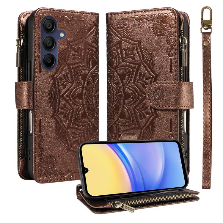 Custodia per telefono in ecopelle vegana con cerniera, protezione RFID e cordino corto, con motivo mandala in rilievo, 9 scomparti per carte e scomparto RFID., For Samsung Galaxy A26 5G / A16 4G, For Samsung Galaxy A36 5G, For Samsung Galaxy A15 5G    ...