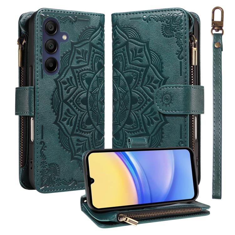 Custodia per telefono in ecopelle vegana con cerniera, protezione RFID e cordino corto, con motivo mandala in rilievo, 9 scomparti per carte e scomparto RFID., For Samsung Galaxy A26 5G / A16 4G, For Samsung Galaxy A36 5G, For Samsung Galaxy A15 5G    ...