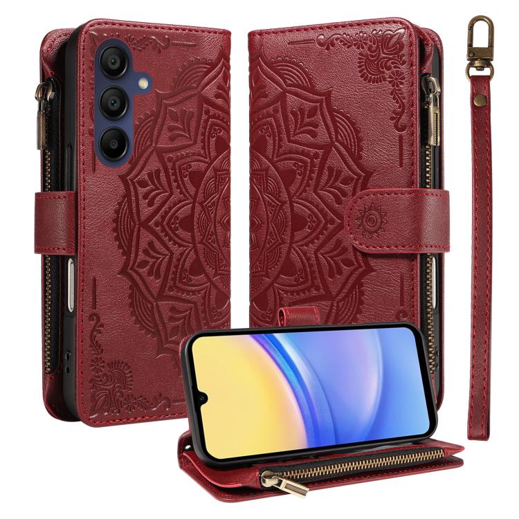 Custodia per telefono in ecopelle vegana con cerniera, protezione RFID e cordino corto, con motivo mandala in rilievo, 9 scomparti per carte e scomparto RFID., For Samsung Galaxy A26 5G / A16 4G, For Samsung Galaxy A36 5G, For Samsung Galaxy A15 5G    ...