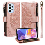 Custodia per telefono in ecopelle vegana con cerniera, protezione RFID e cordino corto, con motivo mandala in rilievo, 9 scomparti per carte e scomparto RFID., For Samsung Galaxy A04e, For Samsung Galaxy A14 5G, For Samsung Galaxy A13 4G / 5G          ...