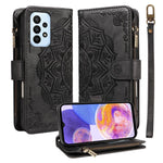 Custodia per telefono in ecopelle vegana con cerniera, protezione RFID e cordino corto, con motivo mandala in rilievo, 9 scomparti per carte e scomparto RFID., For Samsung Galaxy A04e, For Samsung Galaxy A14 5G, For Samsung Galaxy A13 4G / 5G          ...