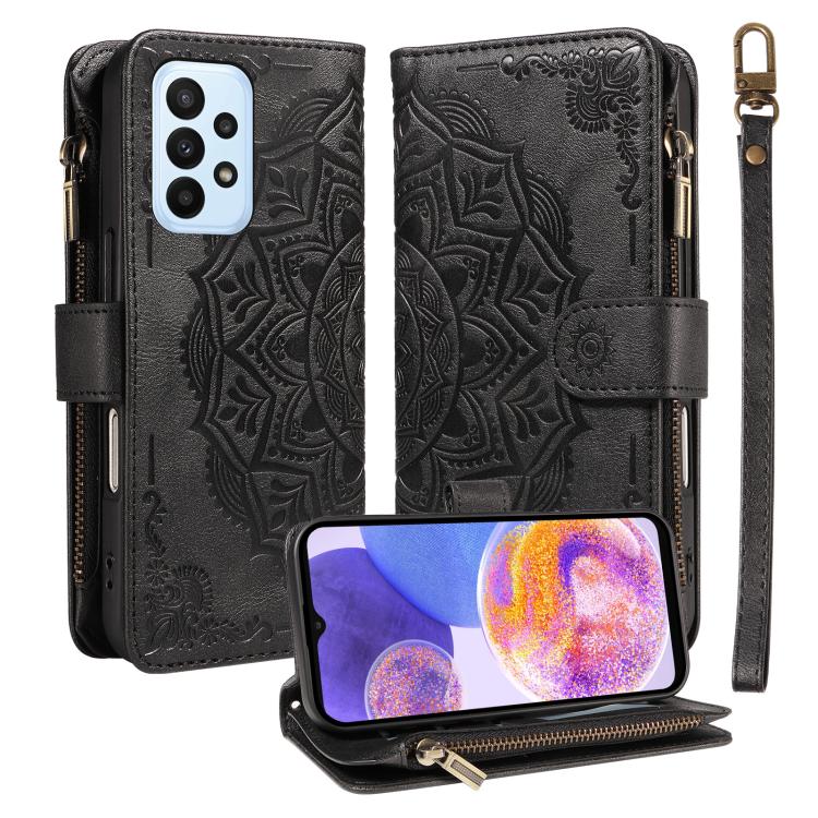 Custodia per telefono in ecopelle vegana con cerniera, protezione RFID e cordino corto, con motivo mandala in rilievo, 9 scomparti per carte e scomparto RFID., For Samsung Galaxy A04e, For Samsung Galaxy A14 5G, For Samsung Galaxy A13 4G / 5G          ...