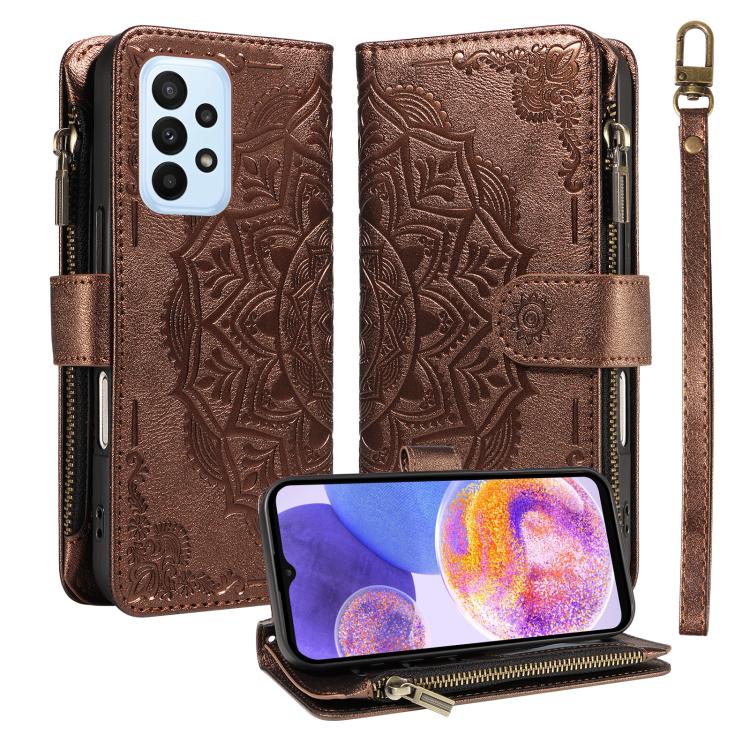 Custodia per telefono in ecopelle vegana con cerniera, protezione RFID e cordino corto, con motivo mandala in rilievo, 9 scomparti per carte e scomparto RFID., For Samsung Galaxy A04e, For Samsung Galaxy A14 5G, For Samsung Galaxy A13 4G / 5G          ...
