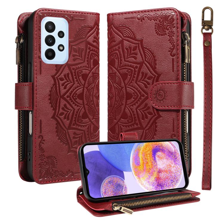 Custodia per telefono in ecopelle vegana con cerniera, protezione RFID e cordino corto, con motivo mandala in rilievo, 9 scomparti per carte e scomparto RFID., For Samsung Galaxy A04e, For Samsung Galaxy A14 5G, For Samsung Galaxy A13 4G / 5G          ...