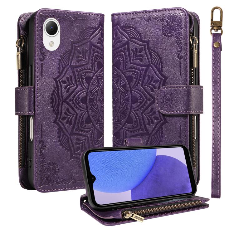 Custodia per telefono in ecopelle vegana con cerniera, protezione RFID e cordino corto, con motivo mandala in rilievo, 9 scomparti per carte e scomparto RFID., For Samsung Galaxy A24 4G, For Samsung Galaxy A34 5G, For Samsung Galaxy A54 5G             ...