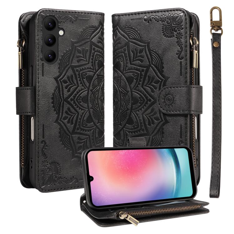 Custodia per telefono in ecopelle vegana con cerniera, protezione RFID e cordino corto, con motivo mandala in rilievo, 9 scomparti per carte e scomparto RFID., For Samsung Galaxy A24 4G, For Samsung Galaxy A34 5G, For Samsung Galaxy A54 5G             ...
