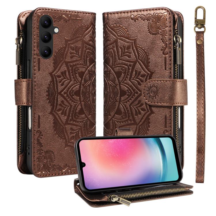 Custodia per telefono in ecopelle vegana con cerniera, protezione RFID e cordino corto, con motivo mandala in rilievo, 9 scomparti per carte e scomparto RFID., For Samsung Galaxy A24 4G, For Samsung Galaxy A34 5G, For Samsung Galaxy A54 5G             ...