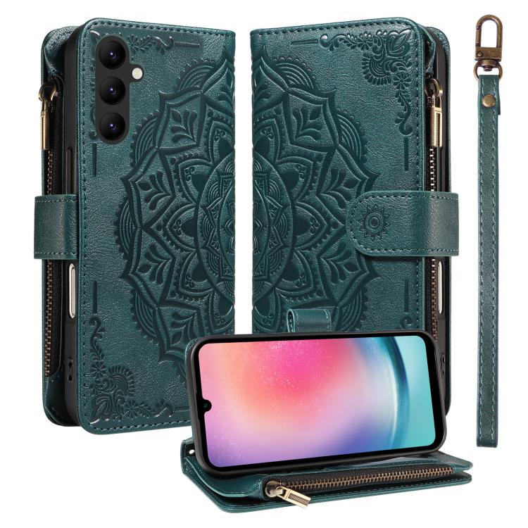 Custodia per telefono in ecopelle vegana con cerniera, protezione RFID e cordino corto, con motivo mandala in rilievo, 9 scomparti per carte e scomparto RFID., For Samsung Galaxy A24 4G, For Samsung Galaxy A34 5G, For Samsung Galaxy A54 5G             ...