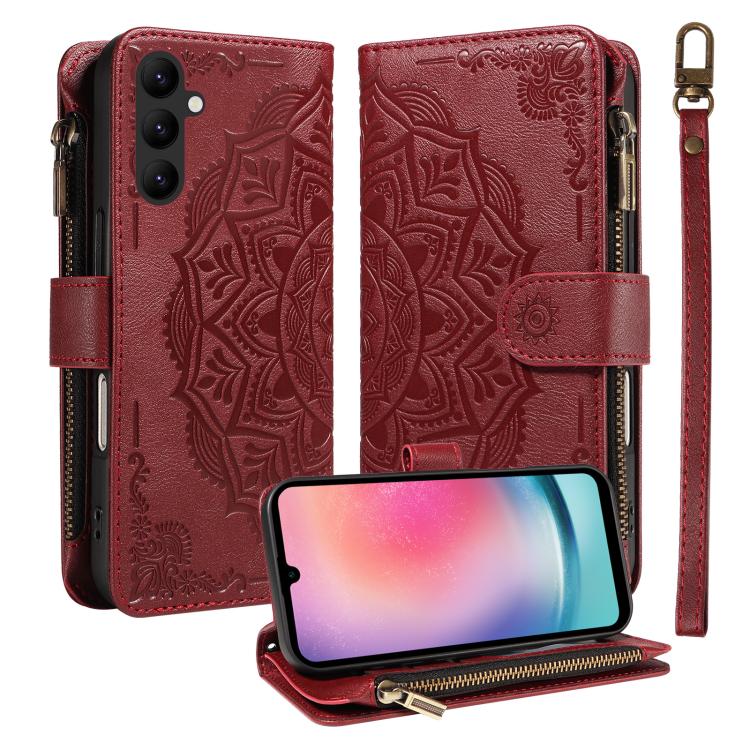 Custodia per telefono in ecopelle vegana con cerniera, protezione RFID e cordino corto, con motivo mandala in rilievo, 9 scomparti per carte e scomparto RFID., For Samsung Galaxy A24 4G, For Samsung Galaxy A34 5G, For Samsung Galaxy A54 5G             ...