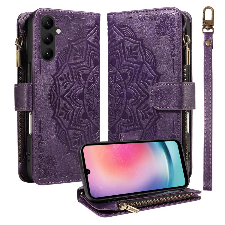 Custodia per telefono in ecopelle vegana con cerniera, protezione RFID e cordino corto, con motivo mandala in rilievo, 9 scomparti per carte e scomparto RFID., For Samsung Galaxy A24 4G, For Samsung Galaxy A34 5G, For Samsung Galaxy A54 5G             ...