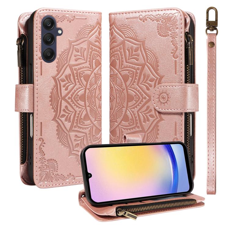 Custodia per telefono in ecopelle vegana con cerniera, protezione RFID e cordino corto, con motivo mandala in rilievo, 9 scomparti per carte e scomparto RFID., For Samsung Galaxy A35 5G, For Samsung Galaxy A05, For Samsung Galaxy A05s                  ...