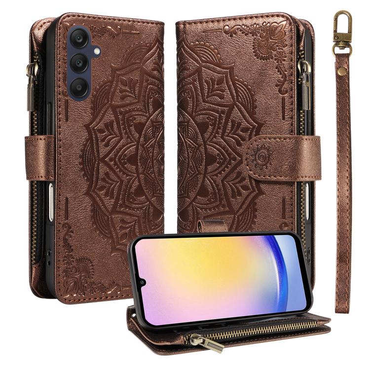 Custodia per telefono in ecopelle vegana con cerniera, protezione RFID e cordino corto, con motivo mandala in rilievo, 9 scomparti per carte e scomparto RFID., For Samsung Galaxy A35 5G, For Samsung Galaxy A05, For Samsung Galaxy A05s                  ...
