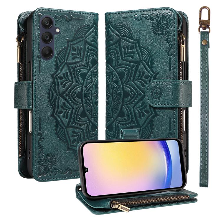 Custodia per telefono in ecopelle vegana con cerniera, protezione RFID e cordino corto, con motivo mandala in rilievo, 9 scomparti per carte e scomparto RFID., For Samsung Galaxy A35 5G, For Samsung Galaxy A05, For Samsung Galaxy A05s                  ...