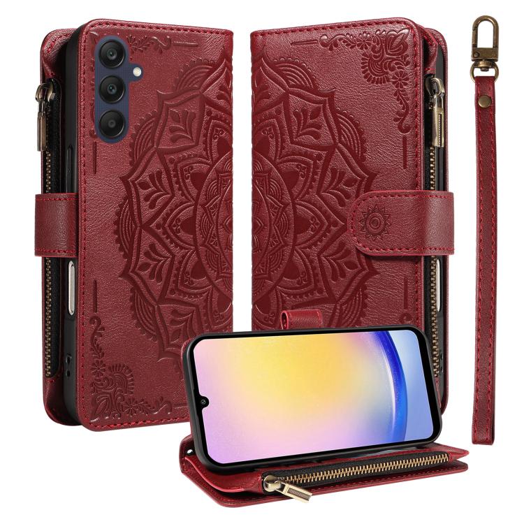 Custodia per telefono in ecopelle vegana con cerniera, protezione RFID e cordino corto, con motivo mandala in rilievo, 9 scomparti per carte e scomparto RFID., For Samsung Galaxy A35 5G, For Samsung Galaxy A05, For Samsung Galaxy A05s                  ...