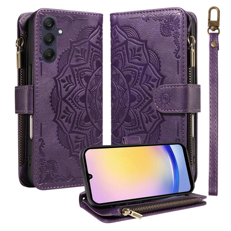 Custodia per telefono in ecopelle vegana con cerniera, protezione RFID e cordino corto, con motivo mandala in rilievo, 9 scomparti per carte e scomparto RFID., For Samsung Galaxy A35 5G, For Samsung Galaxy A05, For Samsung Galaxy A05s                  ...