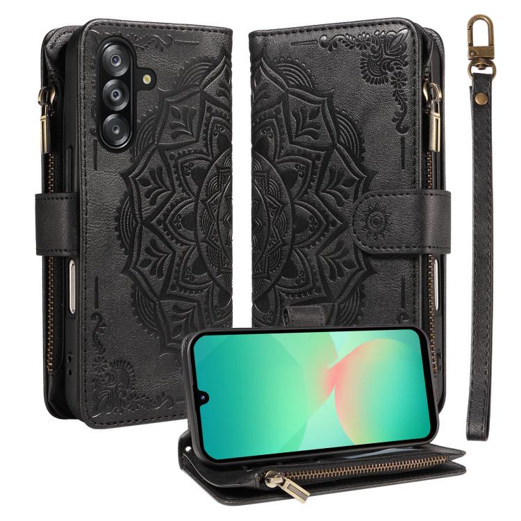Custodia per telefono in ecopelle vegana con cerniera, protezione RFID e cordino corto, con motivo mandala in rilievo, 9 scomparti per carte e scomparto RFID., For Samsung Galaxy A26 5G / A16 4G, For Samsung Galaxy A36 5G, For Samsung Galaxy A15 5G    ...