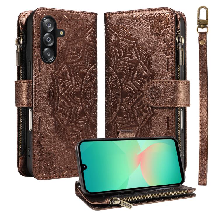 Custodia per telefono in ecopelle vegana con cerniera, protezione RFID e cordino corto, con motivo mandala in rilievo, 9 scomparti per carte e scomparto RFID., For Samsung Galaxy A26 5G / A16 4G, For Samsung Galaxy A36 5G, For Samsung Galaxy A15 5G    ...