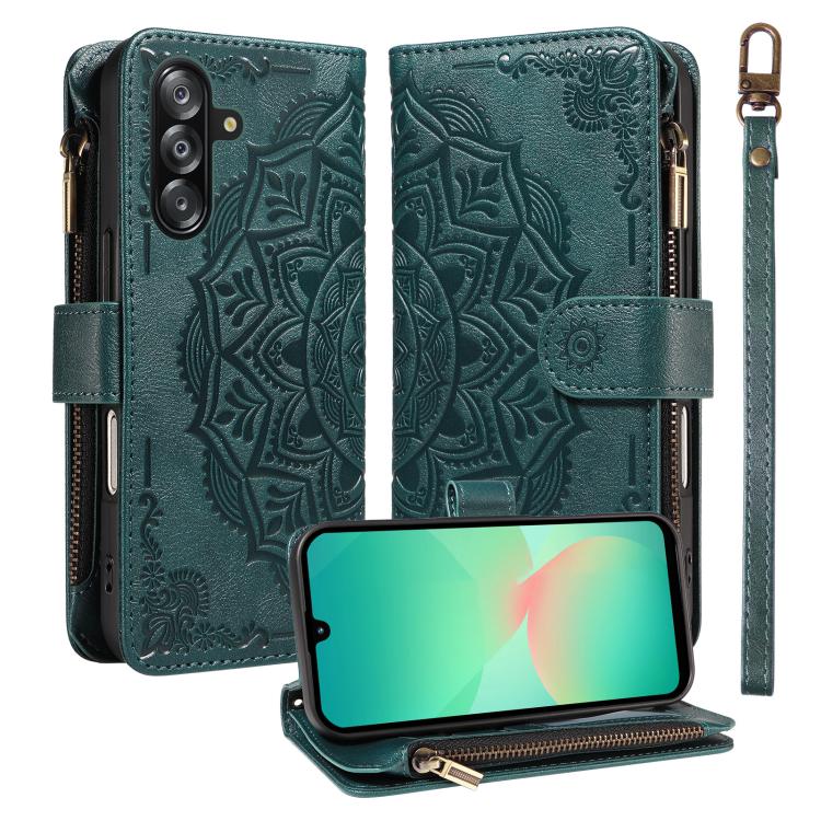 Custodia per telefono in ecopelle vegana con cerniera, protezione RFID e cordino corto, con motivo mandala in rilievo, 9 scomparti per carte e scomparto RFID., For Samsung Galaxy A26 5G / A16 4G, For Samsung Galaxy A36 5G, For Samsung Galaxy A15 5G    ...
