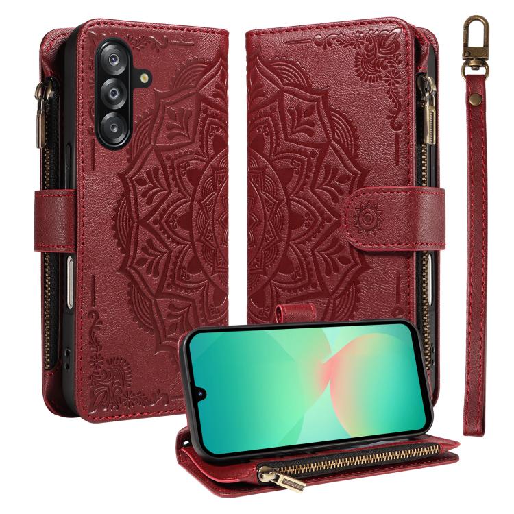 Custodia per telefono in ecopelle vegana con cerniera, protezione RFID e cordino corto, con motivo mandala in rilievo, 9 scomparti per carte e scomparto RFID., For Samsung Galaxy A26 5G / A16 4G, For Samsung Galaxy A36 5G, For Samsung Galaxy A15 5G    ...
