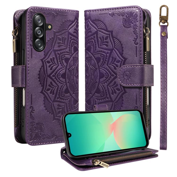 Custodia per telefono in ecopelle vegana con cerniera, protezione RFID e cordino corto, con motivo mandala in rilievo, 9 scomparti per carte e scomparto RFID., For Samsung Galaxy A26 5G / A16 4G, For Samsung Galaxy A36 5G, For Samsung Galaxy A15 5G    ...