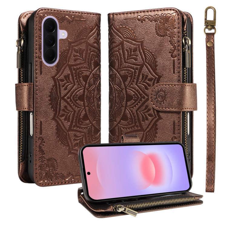 Custodia per telefono in ecopelle vegana con cerniera, protezione RFID e cordino corto, con motivo mandala in rilievo, 9 scomparti per carte e scomparto RFID., For Samsung Galaxy A57 5G, For Samsung Galaxy A37 5G, For Samsung Galaxy A27 5G             ...