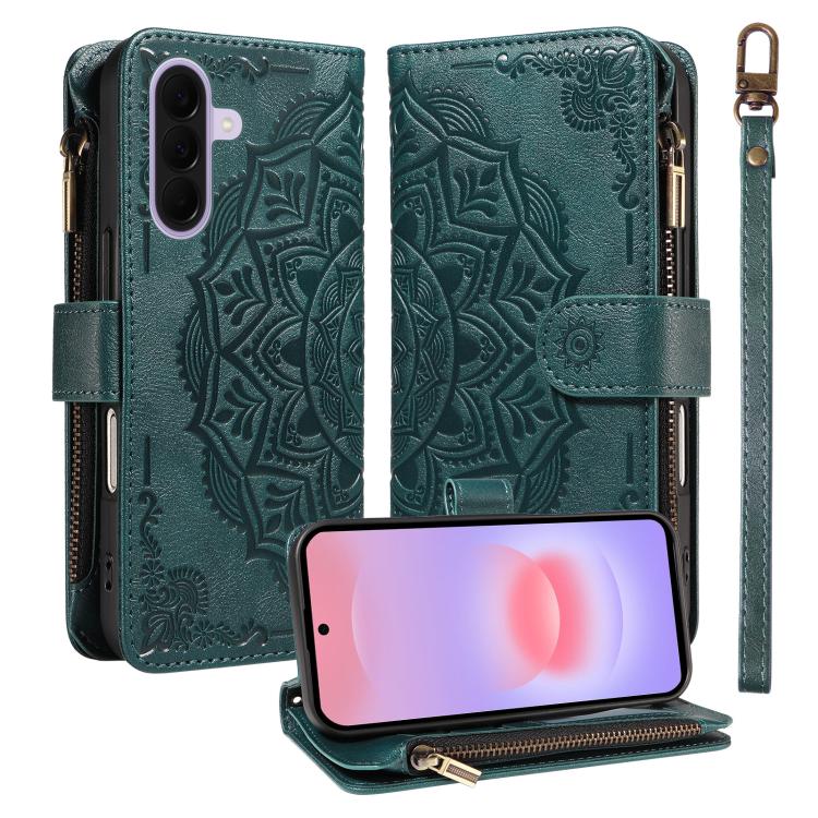 Custodia per telefono in ecopelle vegana con cerniera, protezione RFID e cordino corto, con motivo mandala in rilievo, 9 scomparti per carte e scomparto RFID., For Samsung Galaxy A57 5G, For Samsung Galaxy A37 5G, For Samsung Galaxy A27 5G             ...