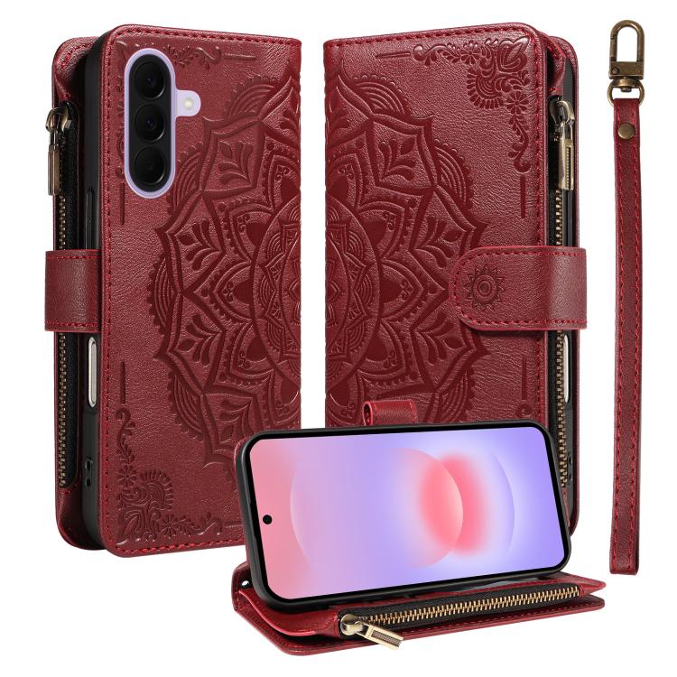 Custodia per telefono in ecopelle vegana con cerniera, protezione RFID e cordino corto, con motivo mandala in rilievo, 9 scomparti per carte e scomparto RFID., For Samsung Galaxy A57 5G, For Samsung Galaxy A37 5G, For Samsung Galaxy A27 5G             ...