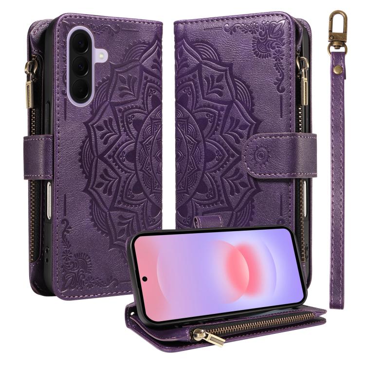 Custodia per telefono in ecopelle vegana con cerniera, protezione RFID e cordino corto, con motivo mandala in rilievo, 9 scomparti per carte e scomparto RFID., For Samsung Galaxy A57 5G, For Samsung Galaxy A37 5G, For Samsung Galaxy A27 5G             ...