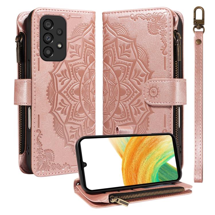 Custodia per telefono in ecopelle vegana con cerniera, protezione RFID e cordino corto, con motivo mandala in rilievo, 9 scomparti per carte e scomparto RFID., For Samsung Galaxy A53 5G, For Samsung Galaxy A73 5G, For Samsung Galaxy A33 5G