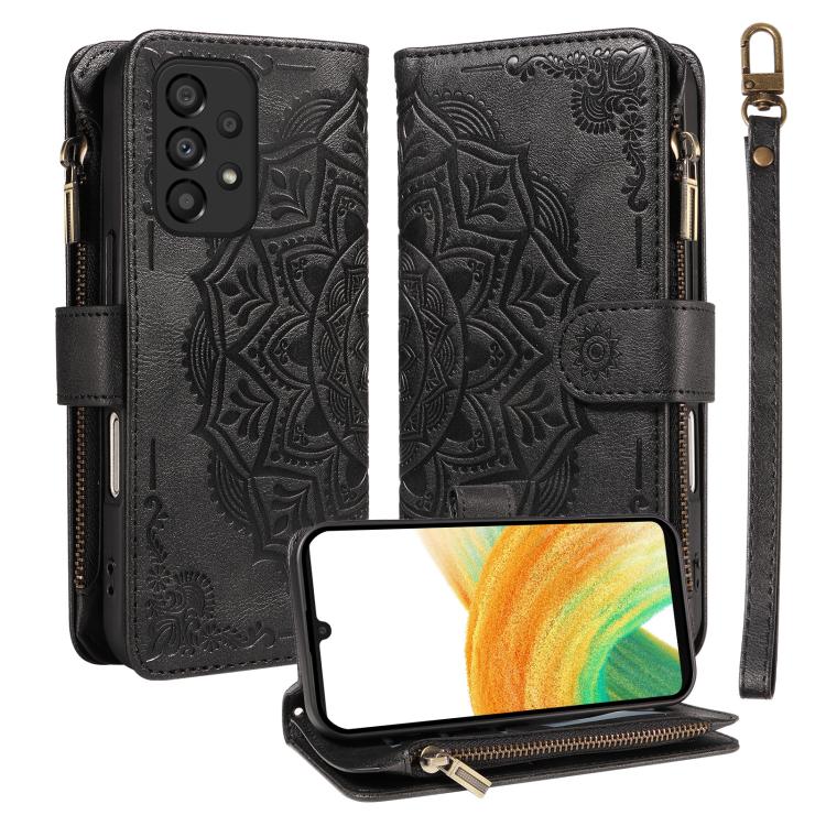 Custodia per telefono in ecopelle vegana con cerniera, protezione RFID e cordino corto, con motivo mandala in rilievo, 9 scomparti per carte e scomparto RFID., For Samsung Galaxy A53 5G, For Samsung Galaxy A73 5G, For Samsung Galaxy A33 5G